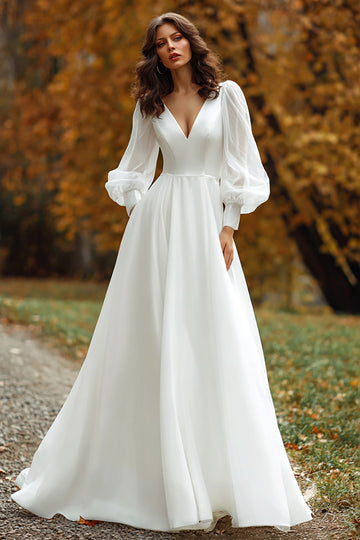 Simple V-Neck A-Line Long Sleeve Ivory Wedding Dress